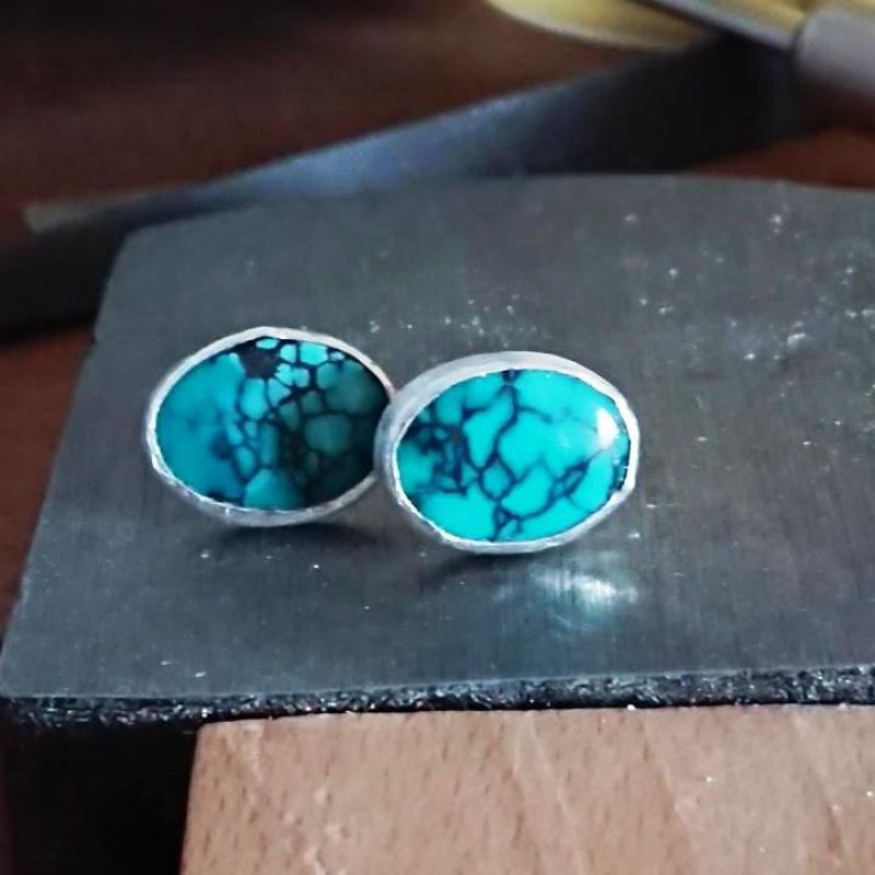 Joolzery handmade sterling silver bezel set turquoise cabachon studs